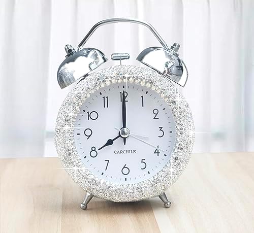 Bling Rhinestone Small Alarm Clock,5 inches in Height, Morning Call for Bedroom Houser Desktop, Home and Office Decorations AB (Silver)