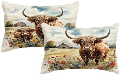 Highland Cow Decorative Throw Pillow Covers with Wildflowers 12×20 Inch Farmhouse Rustic Cushion Cover Western Cows Lumbar Pillowcase 2Pack for Couch Sofa (Yellow)