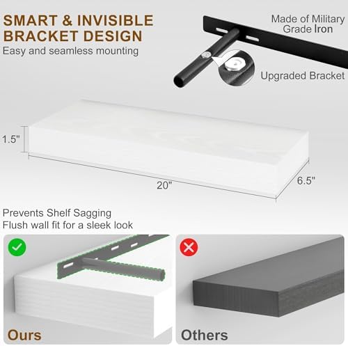Fun Memories Floating Shelves for Wall, 20Inch Floating Shelves Set of 2, Hanging Shelf with Invisible Brackets, Wood Shelves for Living Room, Bedroom, Kitchen, White