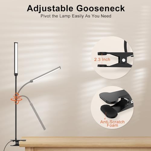 Mojimdo Desk Lamp with Remote, 3 Color & 5 Brightness & 77LED Dimmable Reading Lamp, 15.8'' Flexible Gooseneck Clamp Lamp, Eye-Caring Clip on Light with Adapter for Reading Study Workbench Drafting