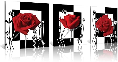 NAN Wind 3 pc Red Rose Wall Decor Black and White Red Rose Pictures for Wall Canvas Art Bedroom Decor Red Wall Art Flower Picture on Canvas for Home Decor Stretched and Framed 12X12inches