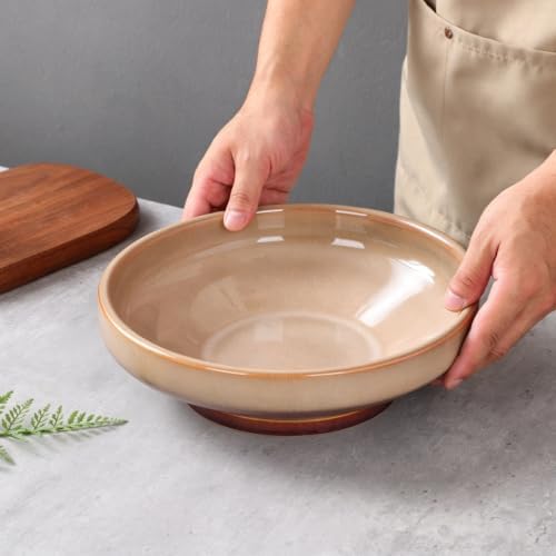 Ceramic Fruit Bowl for Kitchen Counter,Decorative Pedestal Bowl for Table Countertop,Japanese Stye Large Footed Serving Bowl,10.2 Inch (Brown)