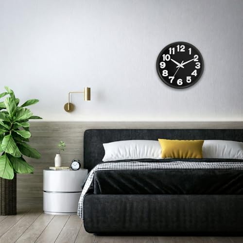 Caysie 12 Inch Large 3D Numbers Silent Non Ticking Wall Clock, Modern Quartz Battery Operated Round Clock, Decorative for Kitchen, Bedroom, Living Room, Office (Black)