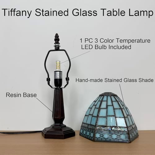 Small Tiffany Style Table Lamp,3 Color Temperature Grid Blue Stained Glass Table Lamps,Bedside Nightstand Night Light for Bedroom,Living Room, Dining Room W/LED Bulb,6X6X13Inch