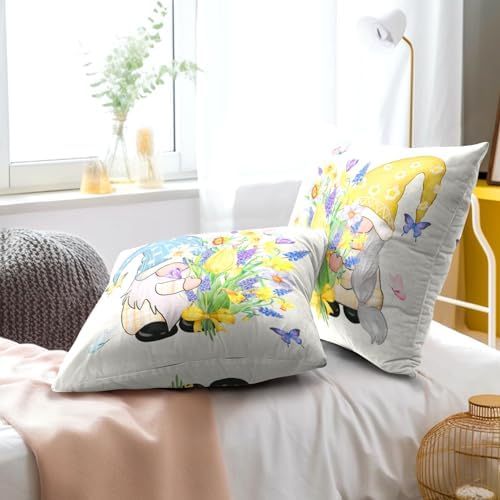 Spring Gnome Decorative Throw Pillow Cover 20x20 Inch Set of 2 Bloom Flower Pillowcase Spring Easter Colorful Floral Farmhouse Cushion Covers for Home Sofa Living Room Decor