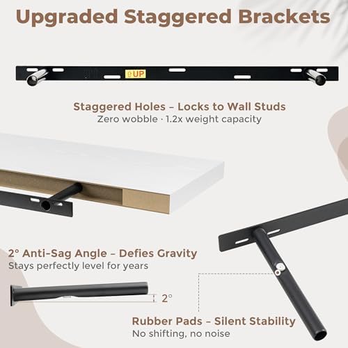 FLYJOE 36 Inch Floating Shelves for Wall Set of 2, 6.5" D Wood Grain Bathroom Shelves with Invisible Brackets, Easy Install Engineered Wood Storage Shelves for Kitchen, Living Room, Bedroom