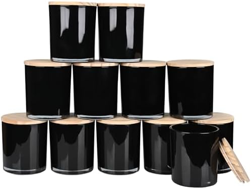 SHOWIN Thick Candle Jars for Making Candles 12 Pcs, 14 OZ Empty Jars with Wood Lids for Candle Making, Sample Container, Inner Black
