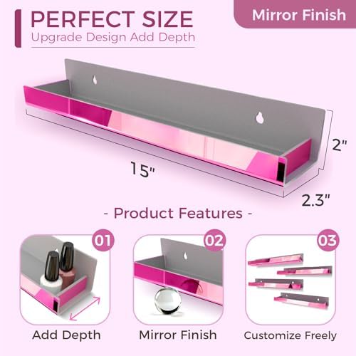 4 Pack 15 Inch Pink Reflective Acrylic Floating Wall Shelves