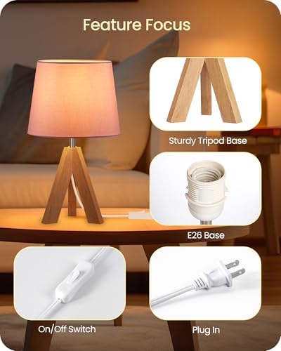 Pink Table Lamp, Small Tripod Table Lamp, Boho Bedside Lamp with Pink Linen Shade & Wood Base, Modern Nightstand Lamps, Little Cute Desk Lamp for Girls Room, Kids Room, Bedroom, P51TL05