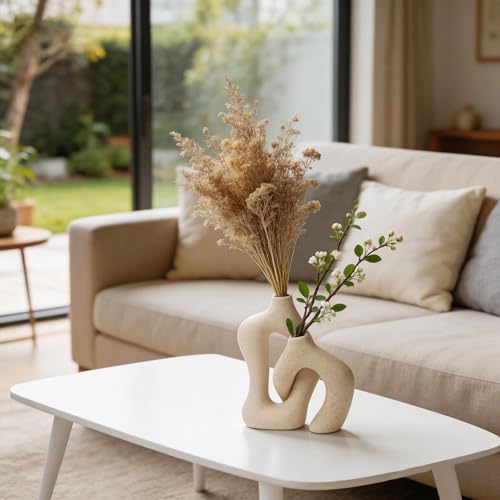 White Ceramic Decorative Vases Set of 2, Nordic Minimalist Modern Vases for Table, Wedding, Living Room, Bedroom, Office Home Decoration