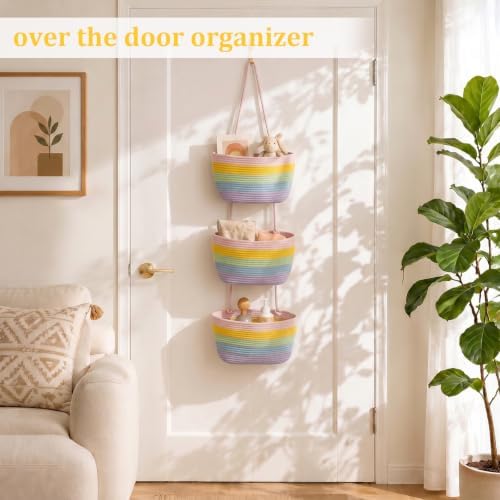 TeoKJ Over the Door Hanging Basket, 3-Tier Woven Cotton Wall-Mounted Storage Organizer Bag Decorative Hanging Nursery Baskets, Rainbow