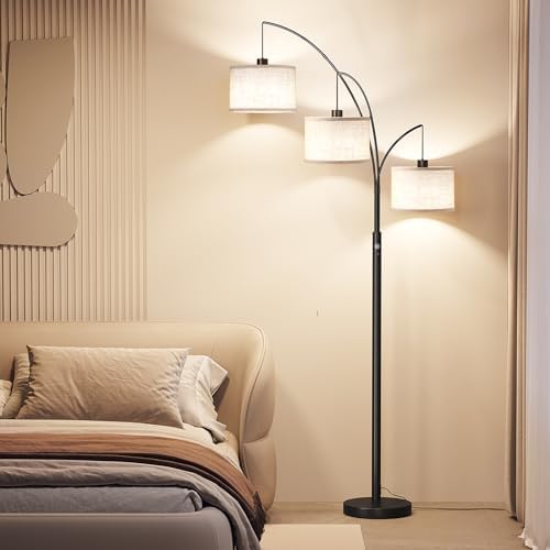 SUNMORY 3 Lights Floor Lamp for Living Room, 78" Tall Standing Lamp with Hanging Drum Shade, Modern Arc Floor Lamps with Heavy Base, Mid Century Arched Tree Floor Lamp for Bedroom, Office, Corner