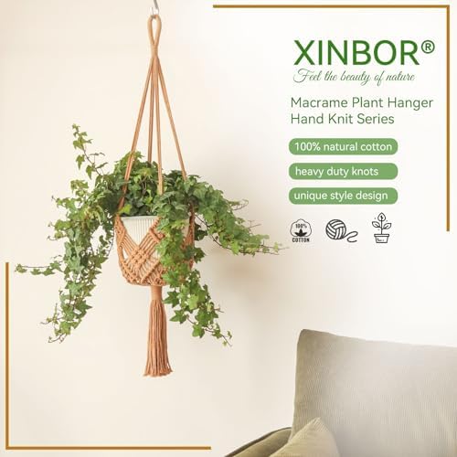 Hanging Planter with Patterns,2Packs Macrame Plant Hangers Indoor Macrame for up to 8 inch Pot Crochet Boho Plant Hanger Holder for Indoor Outdoor with 2S Shaped Stainless Steel Hooks (Caramel)