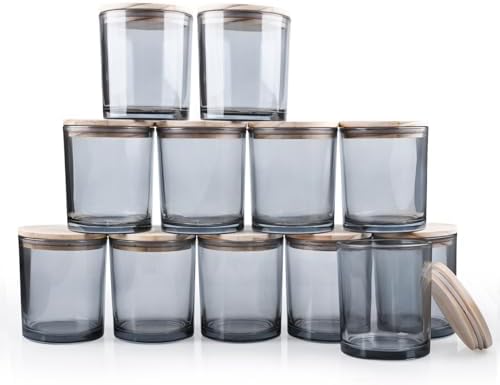 SHOWIN 14 OZ Thick Candle Jars for Making Candles 12 Pcs, 3 Wick Empty Jars with Wood Lids for Candle Making, Sample Container,Clear Grey