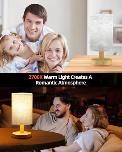 Small Touch Table Lamp for Bedroom, Bedside Lamp for Warm Light LED Desk Lamp, Wood Base Round Flaxen Fabric Shade for Kids Room, Living Room, College Dorm, Home, Office