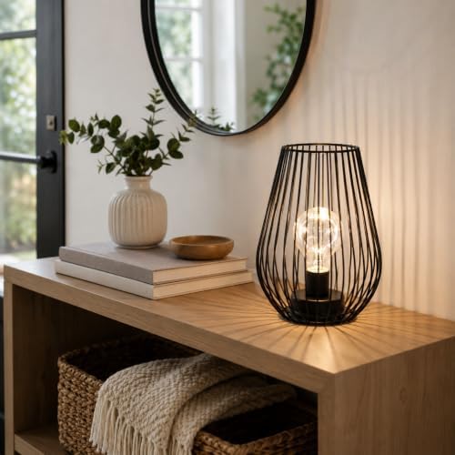 TRIROCKS Metal Cordless Table Lamp - 8'' Tall Cage Shape Battery Operated Lamp with Warm Fairy Lights Bulb for Indoor/Outdoor Use, Perfect for Christmas, Patio, Garden, and Weddings (Black)
