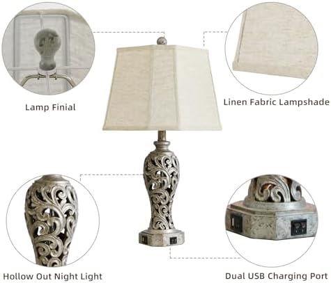 25' Vintage Table Lamps Set of 2 for Living Room with USB C+A