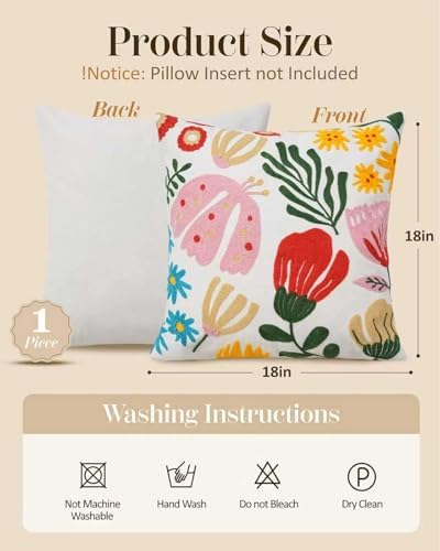 Embroidered Floral Boho Throw Pillow Cover 18x18 Inch - Decorative Cotton Pillow Case for Couch, Sofa, Bedroom, Living Room - Farmhouse Home Aesthetic Housewarming Gifts (Mixed Floral, 18" x 18")