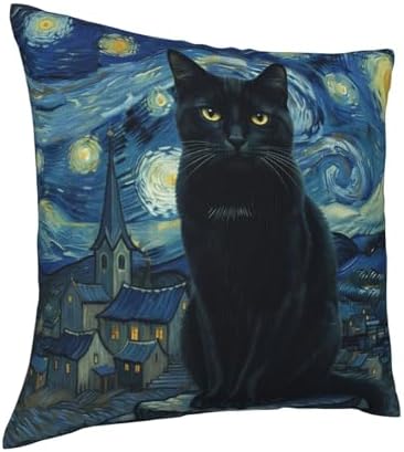 Black Cat Starry Night Throw Pillow Cover, 18x18 Inch