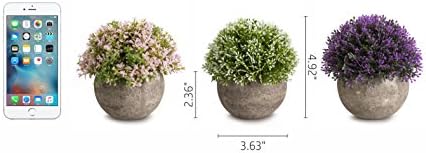 Opps Mini Artificial Plants Plastic Fake Green Colorful Flower Topiary Shrubs with Gray Pot for Home Décor – Set of 3