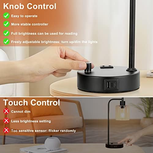 Industrial Bedside Lamps for Nightstand Set of 2 - Fully Dimmable Bedroom Lamps with USB A C Ports and Outlet, Black Table Lamps with Amber Glass Shade for Living Room, Desk Lamps for Office Reading