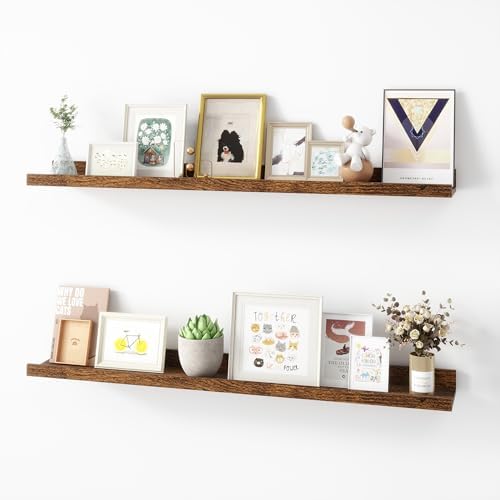 Acovy 36 inch Picture Ledge Shelf, Wood Floating Shelves, Brown, Set of 2