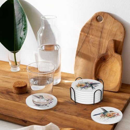 Drink Coasters for Drinks Set of 6, Watercolor Hummingbird Absorbent Round Ceramic Stone Mat, with Cork Base and Metal Holder, Home Bar Decor House Warming Gift