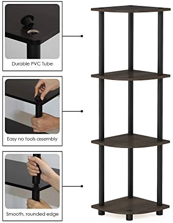 Furinno TURN-N-TUBE Corner Shelf, 4-Tier Corner Bookshelf, Display Storage Shelves with Open Shelves, for Organization and Storage, Living Room, Home Office, Garage, Dark Brown Grain