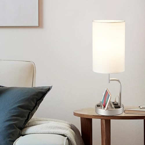 Dreamholder Table Lamp with 3 USB Charging Ports, Modern Desk Lamp with AC Outlet and Phone Stands, Perfect Bedside Lamp for Bedroom, Living Room, Office (Pack of 2), Silver