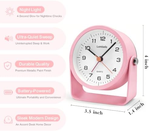 Lamisola 3.5 Inch Small Desk Battery Clock, Pink Alarm Clock for Girls