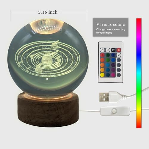 3D Crystal Ball 3.15" With LED Lamp, Colorful Wooden Base Night Light, Removable Glow Ball, Color Changing Light With Remote (4-SolarSystem)