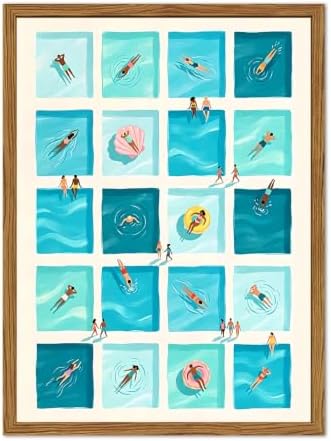 Framed Blue Swimming Pool Wall Art, Mid Century Modern Beach Tiny Swimmers Pictures Wall Decor, Summer Coastal Paintings Canvas Prints Beachy Home Decor for Living Room Bathroom 12x16 inch