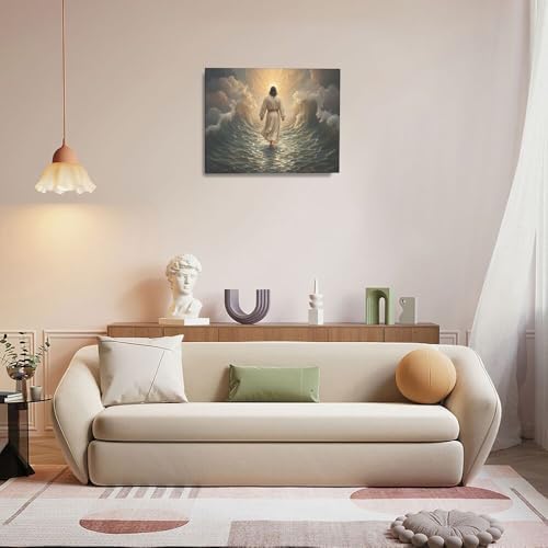 Jesus Walking on Water Wall Art Jesus Christian Spiritual Wall Decor Pictures Bible Story Canvas Prints Painting God Faith Artwork Decoration for Bathroom Bedroom Living Room Framed Gifts 16"x20"