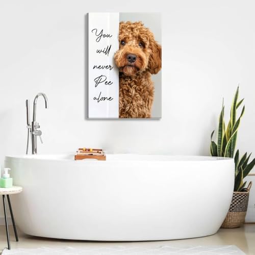 Funny Dog Bathroom Canvas Wall Art Cute Animal Humorous Goldendoodle Painting Pictures Restroom Wall Decor You Will Never Pee Alone Poster Print Artwork for Toilet Nursery Decor 16x24in
