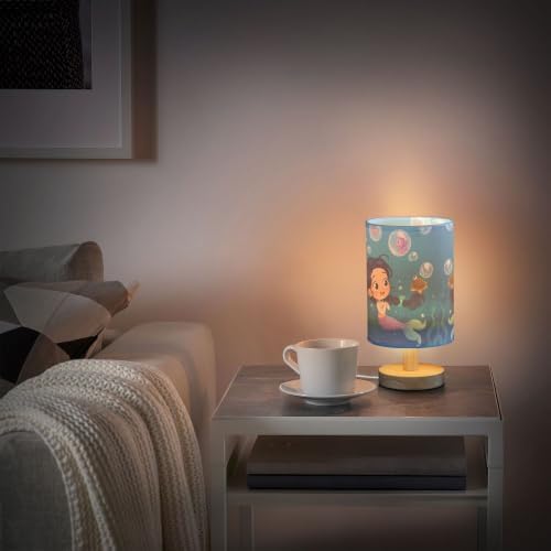 Mermaid Girl Seahorse Starfish Sea Turtle Crab Ocean Bubble Table Lamp with Wood Base Fabric Lamp Shade Bedside Nightstand Desk Lamp for Living Room Bedroom Kids Room Office