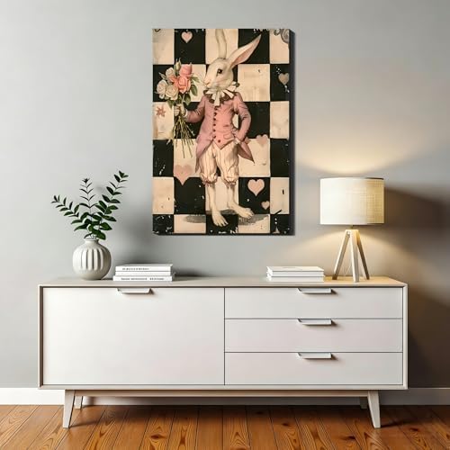 RIBNTAK Large Vintage Easter Rabbit Canvas Art, Whimsical Bunny Pictures for Living Room, Rustic Romantic Easter Canvas Print & Home Office Wall Decoration, 20x30 In