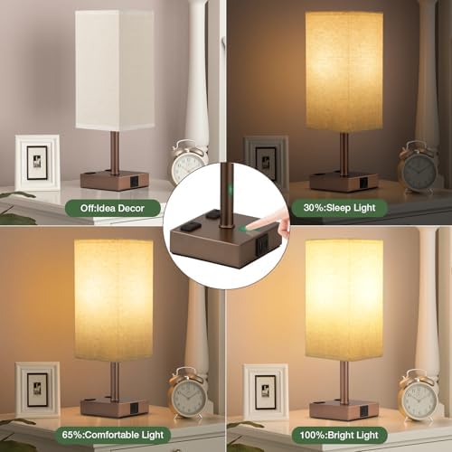 Brown Touch Lamps Set of 2 for Bedroom - Dimmable, USB C+A, 2 AC Outlets