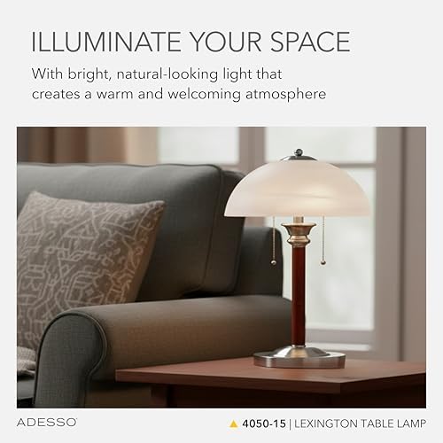Adesso 2-Light Table Lamp, Walnut & Frosted Glass, Dual Pull Chains, 22.5”