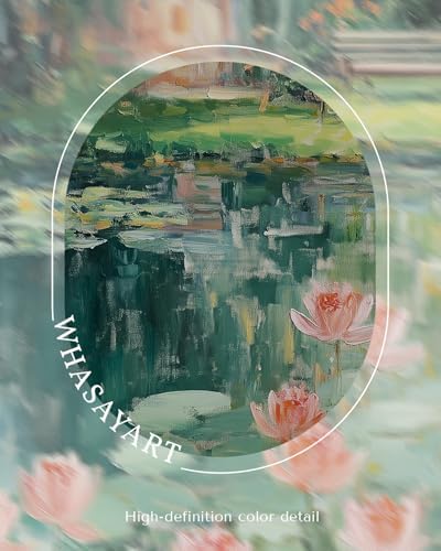 WHASAYART Vintage Framed Monet-Inspired Lotus Pond Floral Wall Art 12x16in | Water Lily Canvas Print Wall Decor, Impressionist Garden Bench Landscape Oil Painting for Living Room Bedroom Entryway Office
