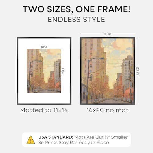Homeforia 16x20 Black Picture Frame, High-End Metal, 11x14 Mat, Glass