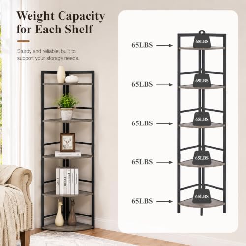 BON AUGURE Rustic Corner Shelf Stand, Tall Industrial Corner Bookshelf, Wood Metal 5 Tier Bookcase Shelves, Display Shelving Unit for Kitchen, Living Room (Dark Grey Oak)