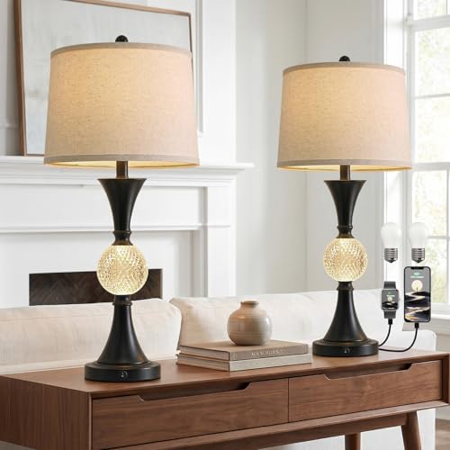Oneach 28.5" Black Table Lamps Set of 2, Tall Luxury Bedside Lamps with Night Light, USB A+C Charging Ports, Elegant Metal Nightstand Lamps for Bedroom Office End Table Decoration