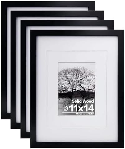 Egofine 11x14 Picture Frames Set of 4, Made of Solid Wood Covered by Plexiglass 5x7 and 8x10 with Mat or 11x14 without Mat, for Table Top Display and Wall Mounting Photo Frame Black