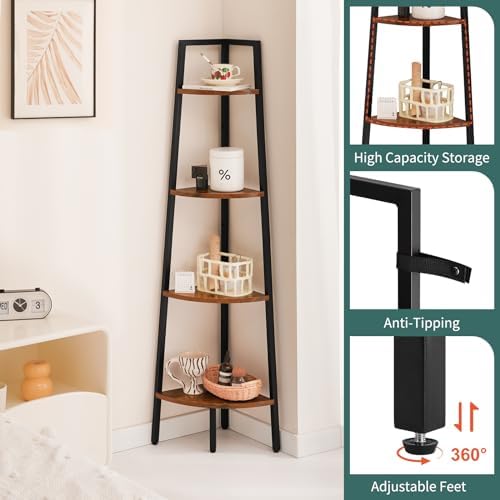 Yoobure 4-Tier Corner Shelf Stand- 54" Tall Corner Bookshelf with Metal Frame, Industrial Ladder Corner Shelves Display Shelf for Bedroom Living Room, Corner Bookcase Corner Plant Stand for Balcony