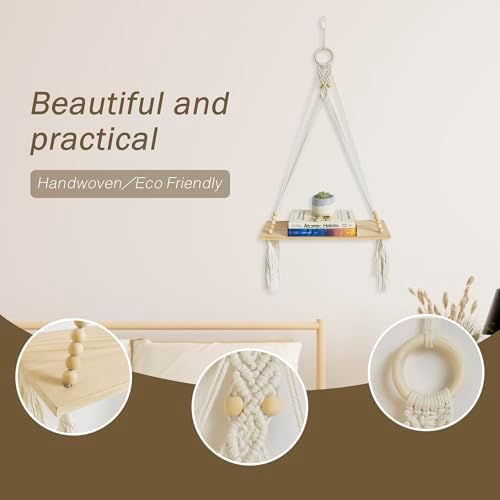 LB Macrame Wall Hanging Shelf, Boho Macrame Wall Decor for Bedroom Living Room Nursery Bathroom, Bohemian Wooden Display Floating Shelves for Wall Decor with Handmade Woven Rope for Plant, 30"L x 16"W
