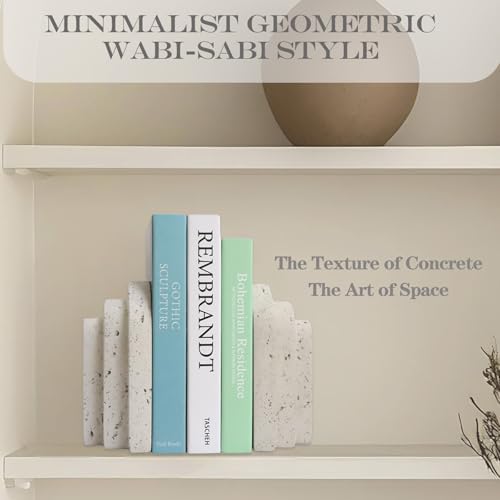 Decorative Book Ends for Shelves - Boho Aesthetic Bookends Decor - Heavy Duty Travertine Book Stopper Holder for Home Office Desk Coffee Table (Grey)