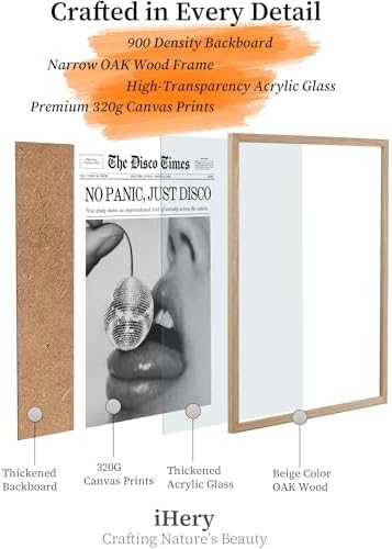 iHery 16x20in No Panic Just Disco Framed Newspaper Wall Art | Natural OAK Wood Frame with Canvas Print, Retro Disco Ball Decor for Bedroom, Girl Dorm, Living Room and Home, 1Pack
