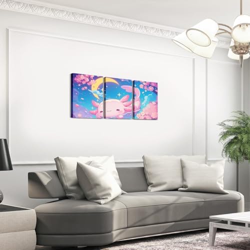 Feelyou Cute Axolotl Canvas Wall Art,Cherry Floral Print Aesthetic Wall Hangings for Bedroom Bathroom,Kawaii Moon Axolotl Canvas Wall Decor Home Artwork,Set of 3