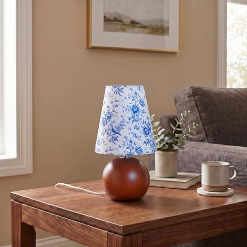 Vintage Wooden Night Lamp, Wood Base Fabric Lampshade, Adjustable Light Color and Brightness with Power-Off Memory, Safe USB Powered, Retro LED Table Light for Bedroom Living Room Office (BlueFlowers)