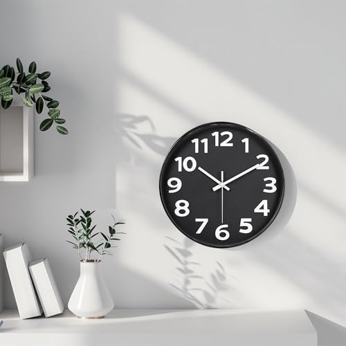 45MinST 12 Inch 3D Number Dial Face Modern Indoor Outdoor Clock, Silent Non-Ticking Round Home Decor Wall Clock with Arabic Numerals (Black)